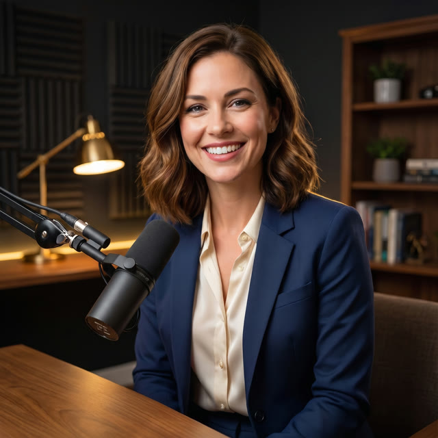 Tess Collins, AI co-host of Automated Advantage, at her microphone.