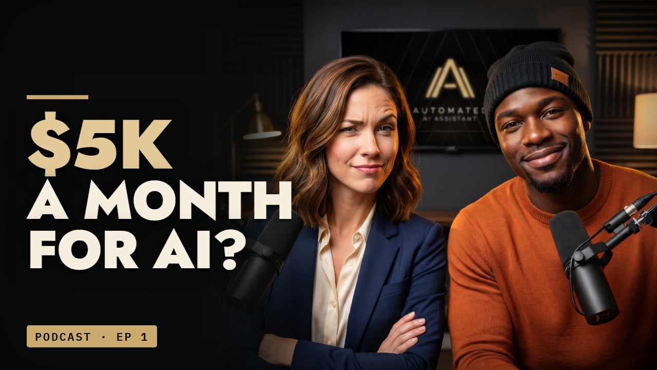 Episode 1 thumbnail: AI hosts Tess Collins, arms crossed and skeptical, and Darrell Drake, smiling, at their microphones beside the headline "$5K a month for AI?"