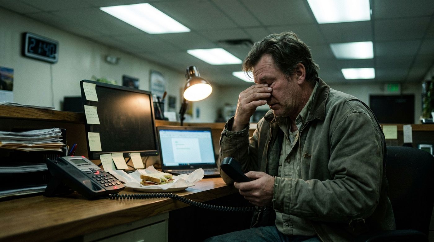 A business owner alone at a cluttered front desk at night, phone in hand