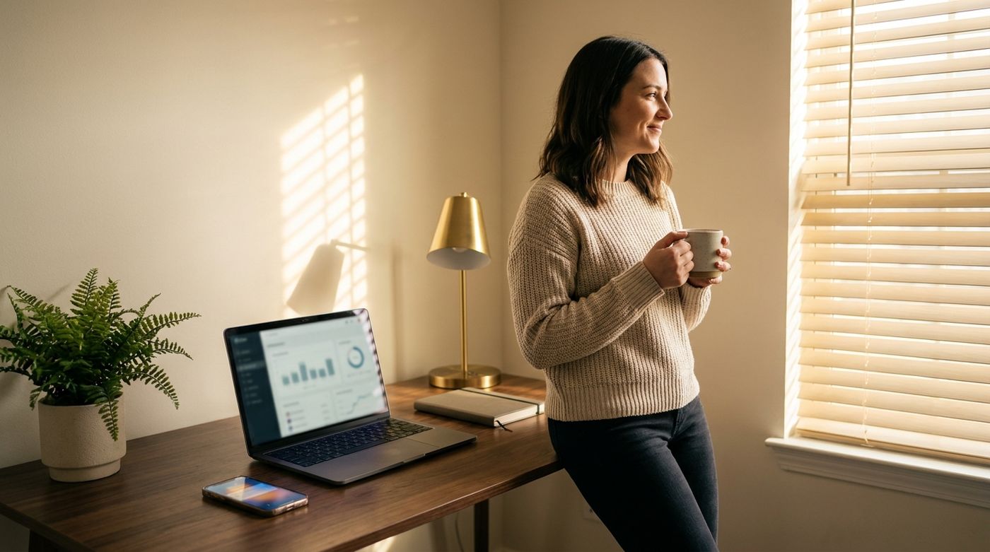 A business owner relaxed with a coffee the next morning, laptop showing booked appointments